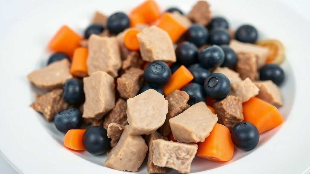 A close-up photo of a freshly prepared dog food bowl containing chunks of turkey