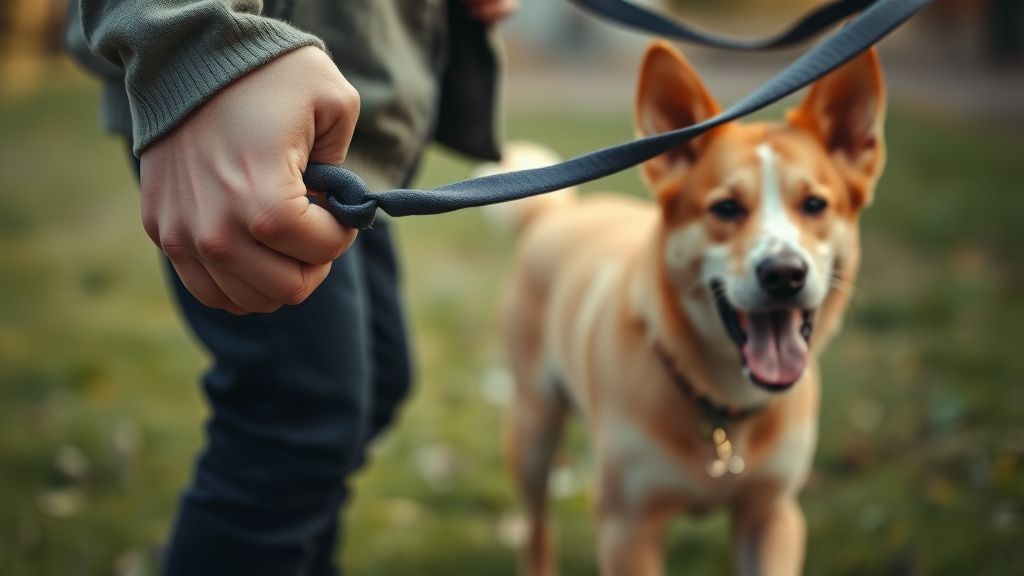 A close-up photo of a frustrated person's arm being pulled forward by a taut lea