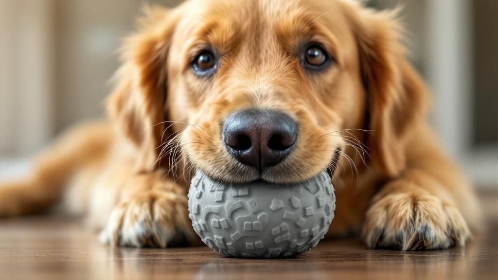 A close-up photo of a Golden Retriever's powerful jaws gently but firmly grippin