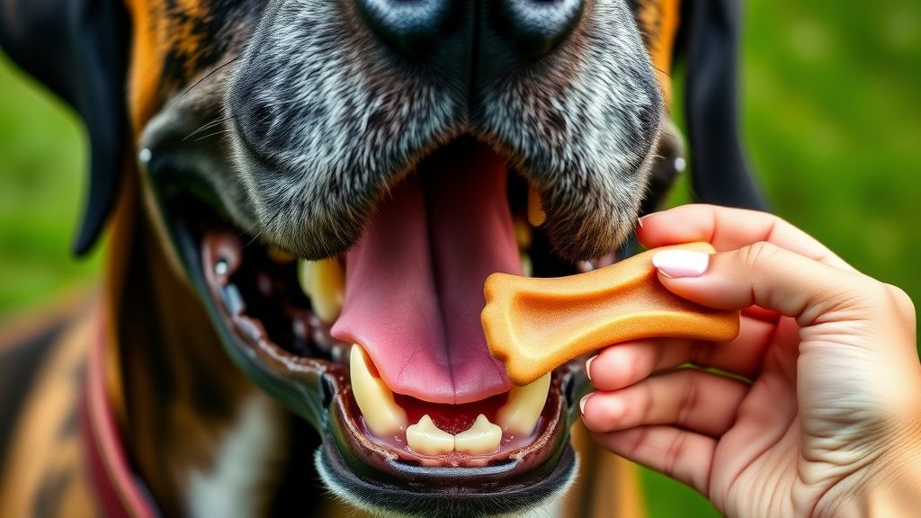 A close-up photo of a Great Dane's large mouth and teeth, with a person's hand h