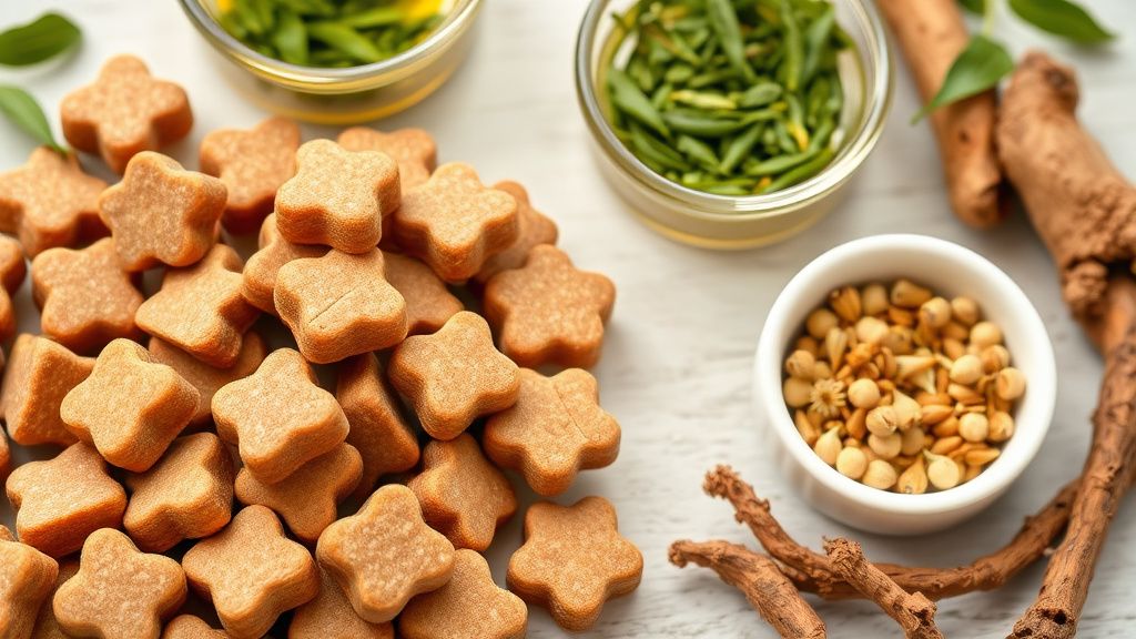 A close-up photo of a handful of dog calming treats next to small bowls of natur