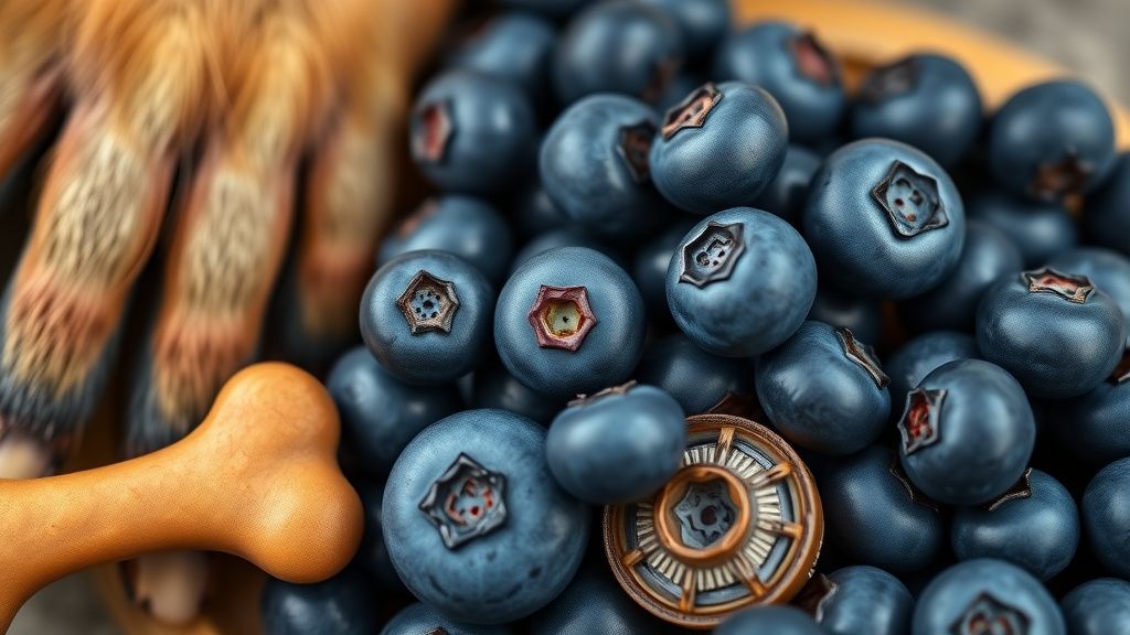 A close-up photo of a handful of fresh, vibrant blueberries, some whole and some
