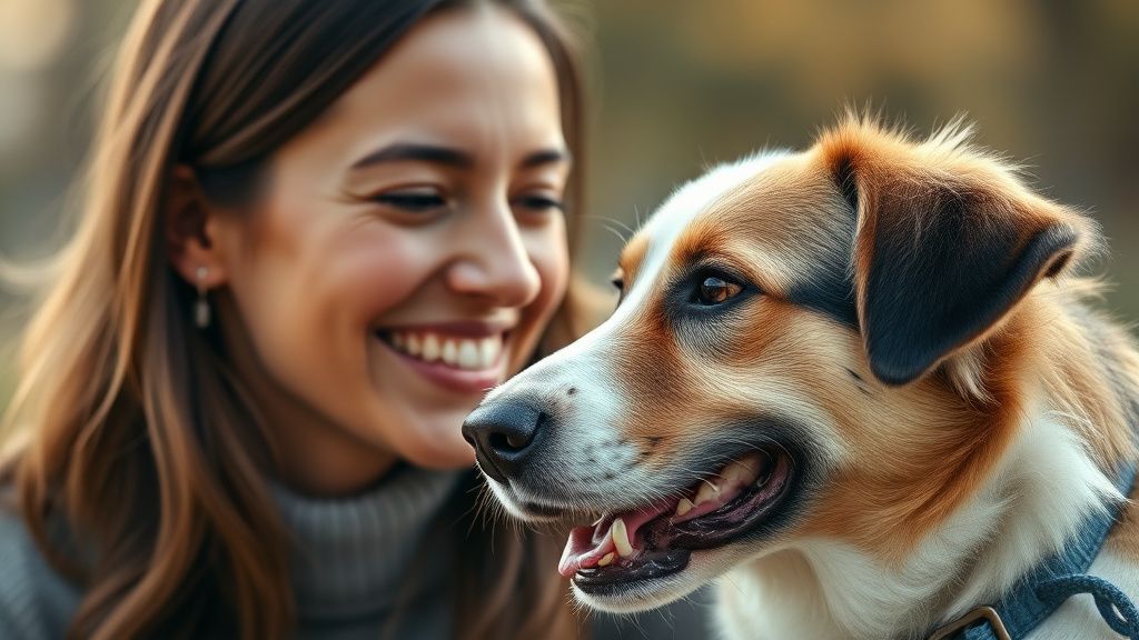 A close-up photo of a happy dog owner looking affectionately at their dog, with 