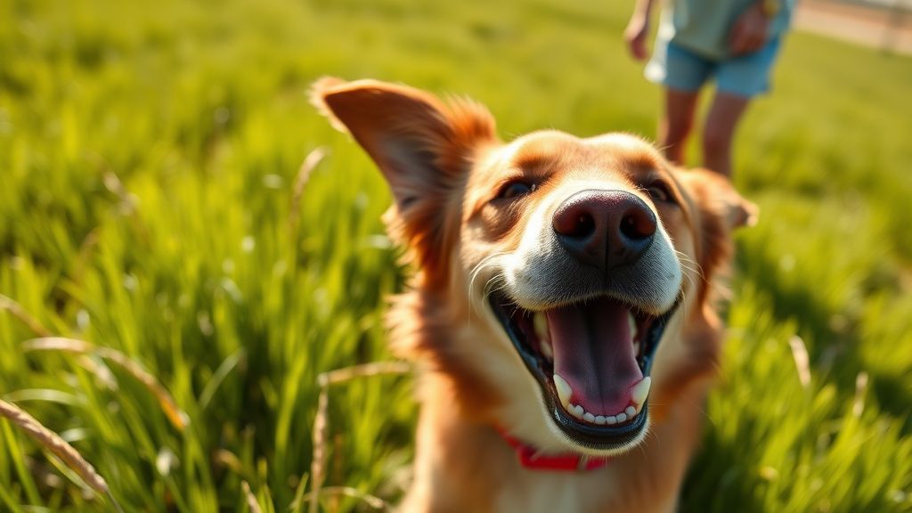 A close-up photo of a happy dog playing in a sunny grassy field, with the owner