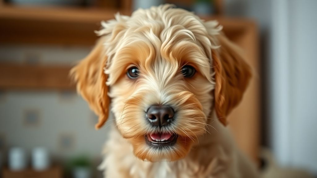 A close-up photo of a happy, fluffy Goldendoodle puppy looking directly at the c