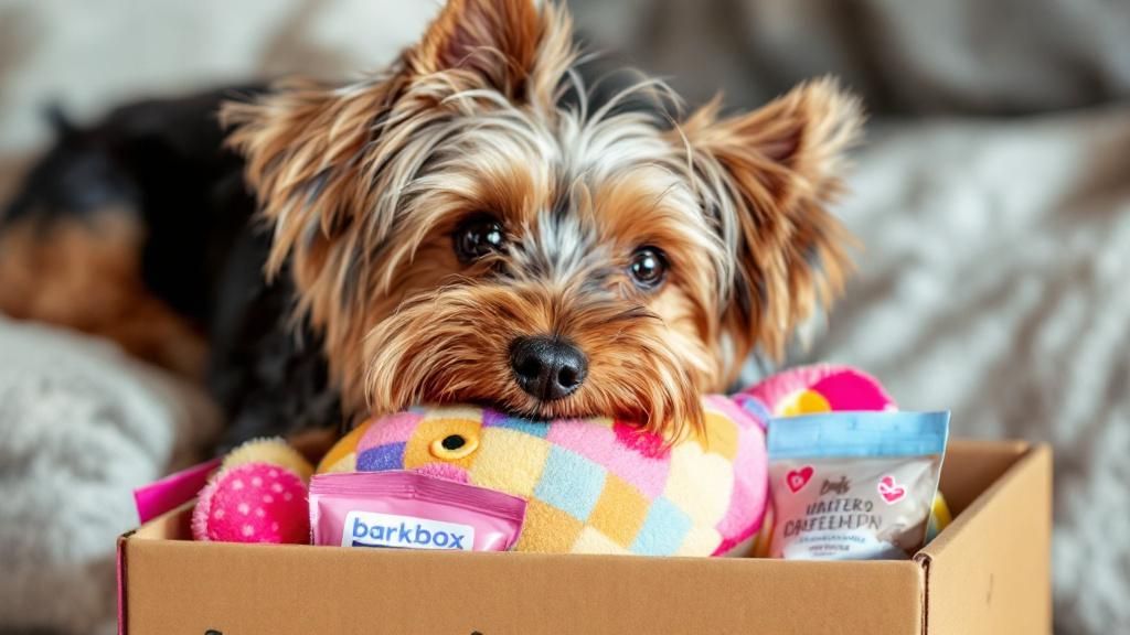 A close-up photo of a happy Yorkshire Terrier playing with a colorful, themed pl