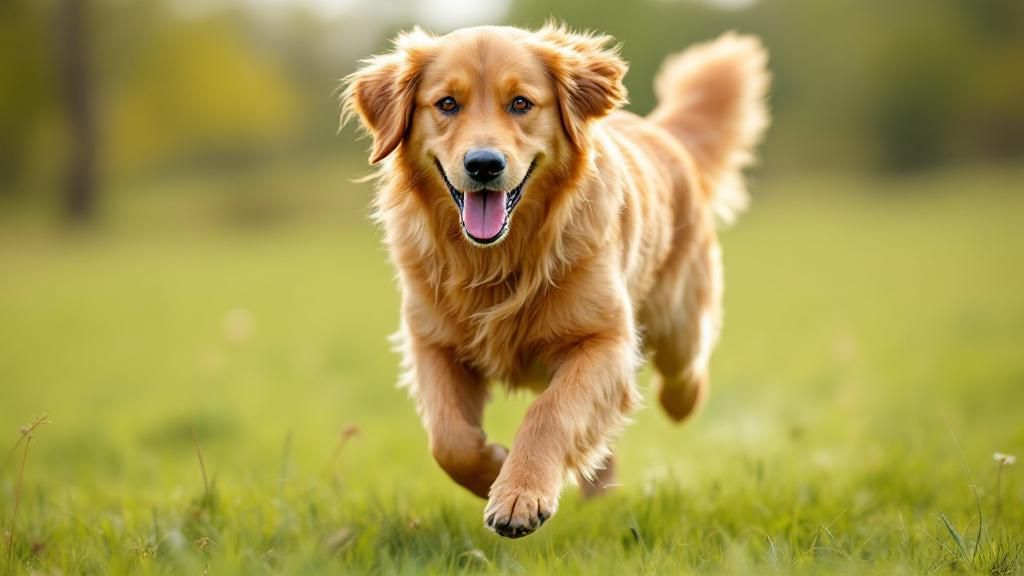 A close-up photo of a healthy, active adult Golden Retriever running in a grassy