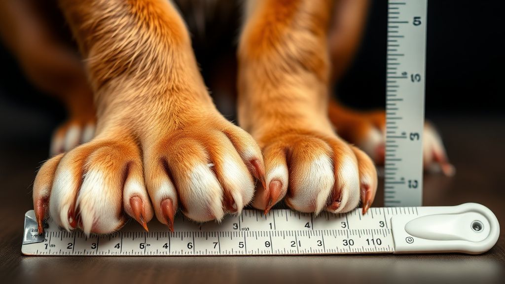 A close-up photo of a large breed puppy's paws next to a measuring scale, symbol