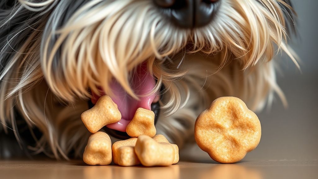 A close-up photo of a Miniature Schnauzer's mouth and a few pieces of specially 
