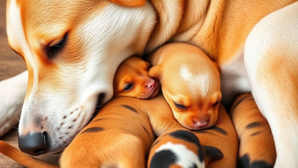 A close-up photo of a mother dog nursing her puppies, illustrating the natural s