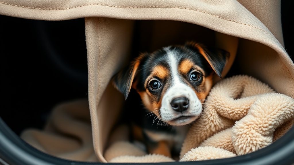 A close-up photo of a nervous but curious puppy peeking out from a soft blanket 