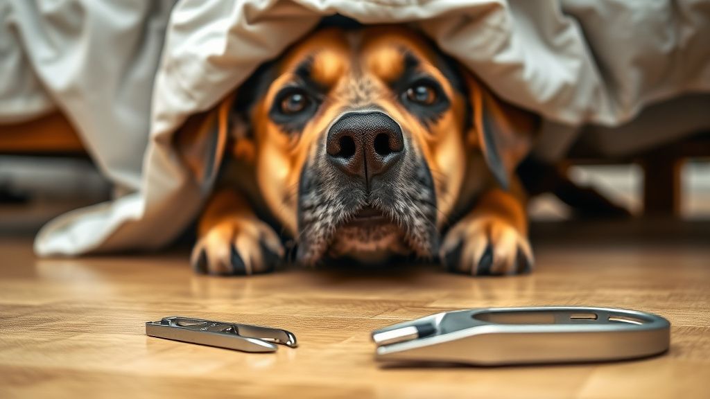 A close-up photo of a nervous dog peeking out from under a bed, with a pair of n