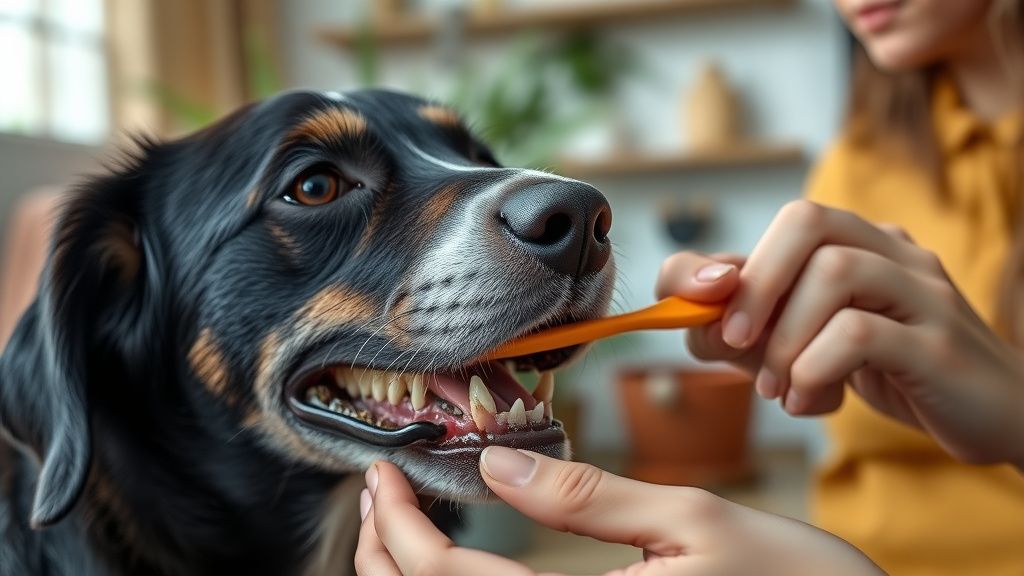 A close-up photo of a person gently brushing a dog's teeth at home, focusing on 