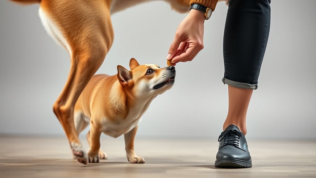 A close-up photo of a person's bent leg, creating an arch, with a dog's head jus