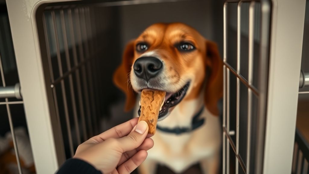 A close-up photo of a person's hand feeding a high-value treat through the open 