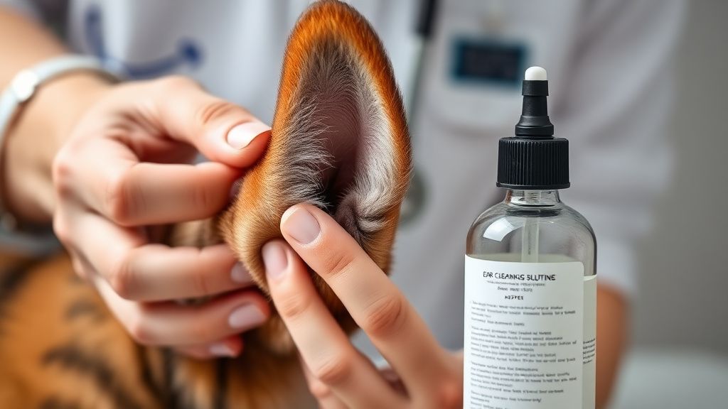 A close-up photo of a person's hands gently holding a dog's ear flap upright, wi