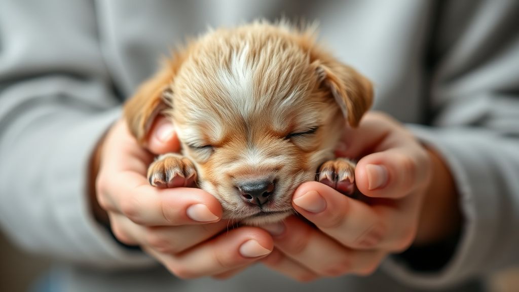 A close-up photo of a person's hands gently holding a sleepy, fluffy 8-week-old 