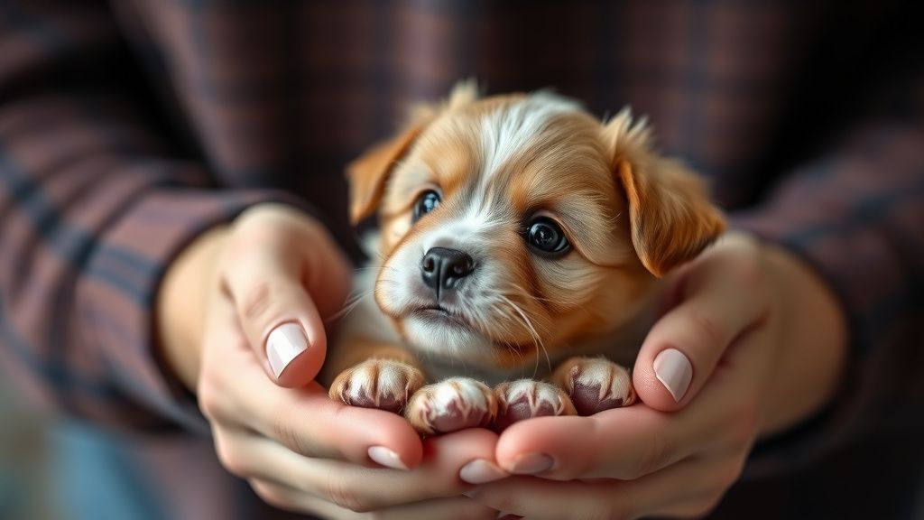 A close-up photo of a person's hands gently holding a small, fluffy puppy, with 