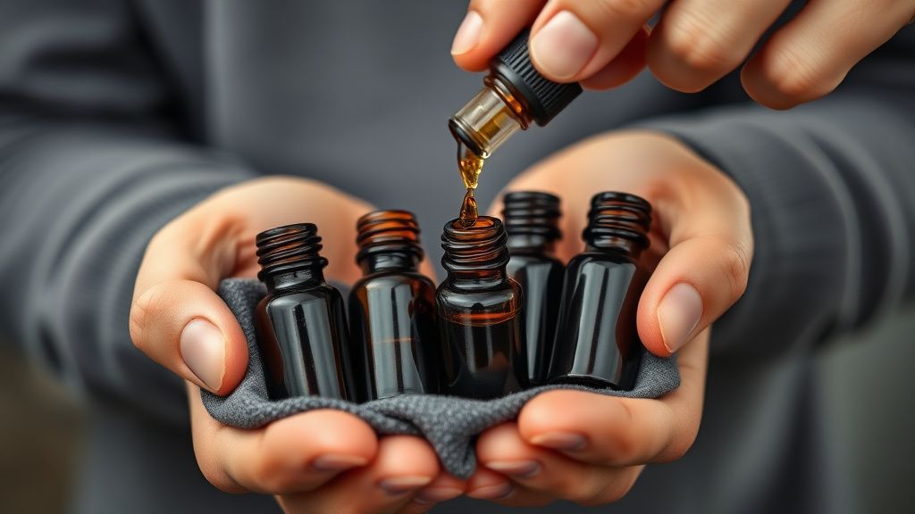 A close-up photo of a person's hands holding several small, dark glass bottles o
