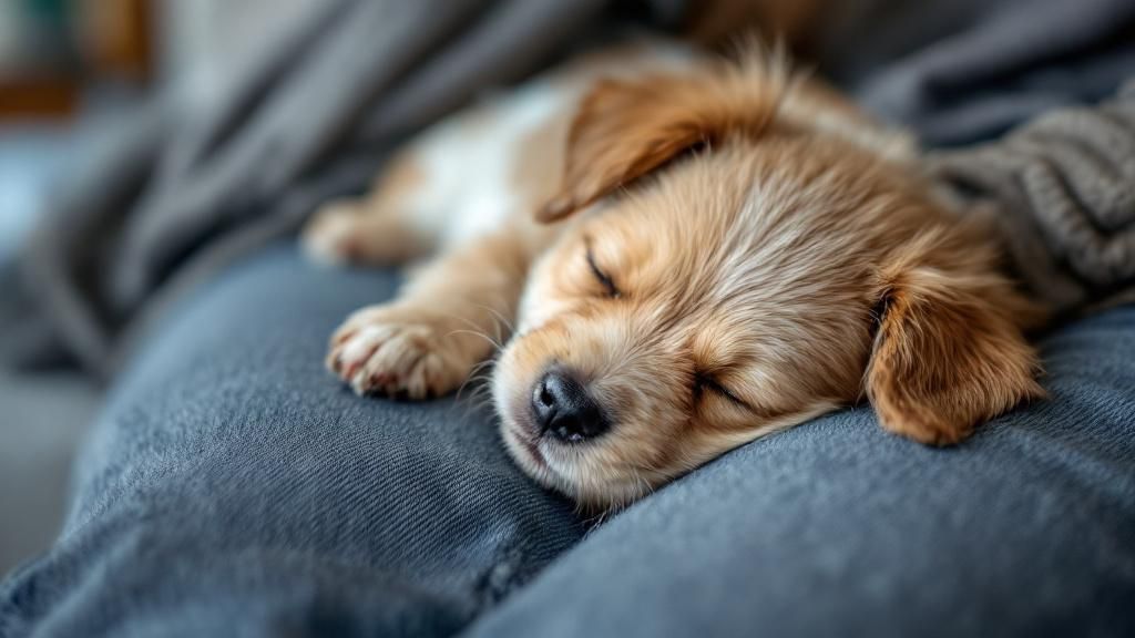 A close-up photo of a person's lap with a small, fluffy puppy curled up and slee