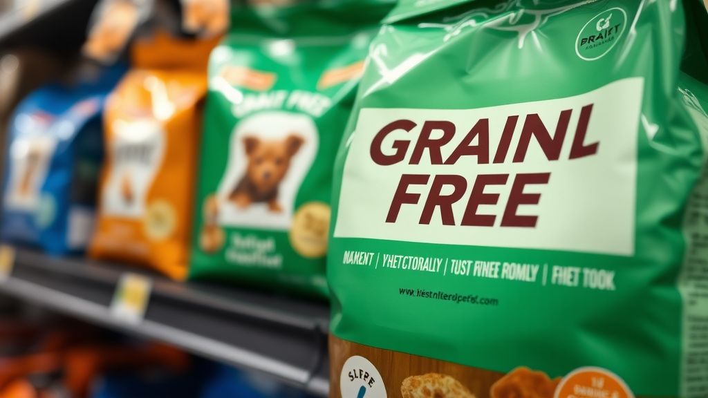 A close-up photo of a pet food bag labeled 'Grain Free' on a store shelf, with o