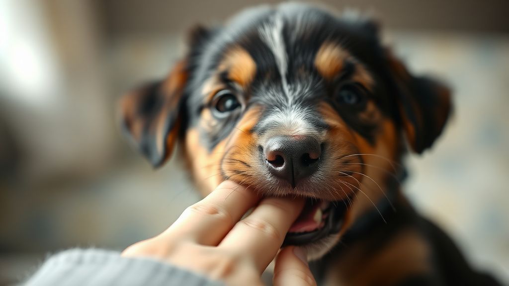 A close-up photo of a playful puppy gently mouthing a person's hand, showing a s