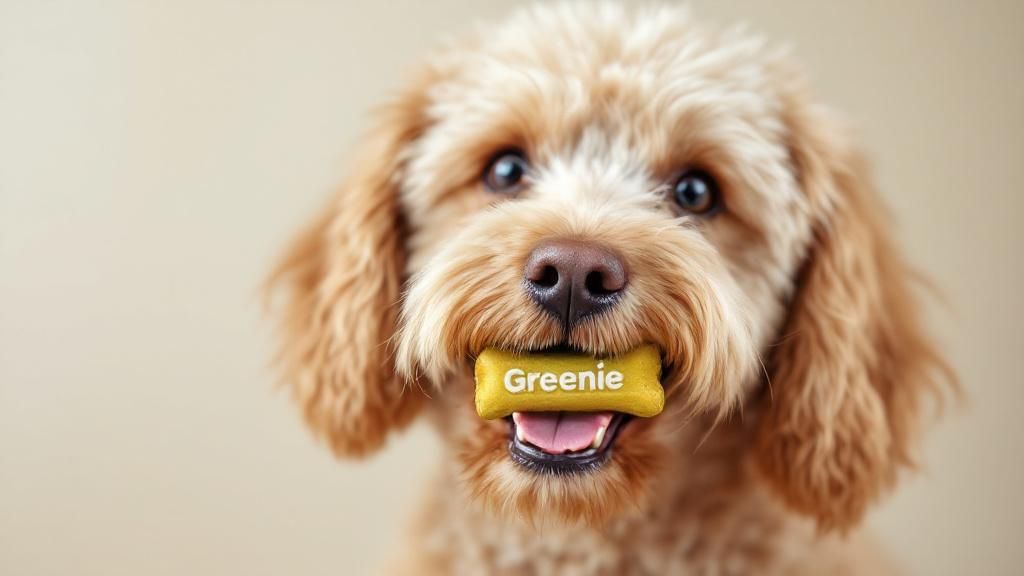 A close-up photo of a Poodle happily chewing on a VOHC-approved dental treat lik