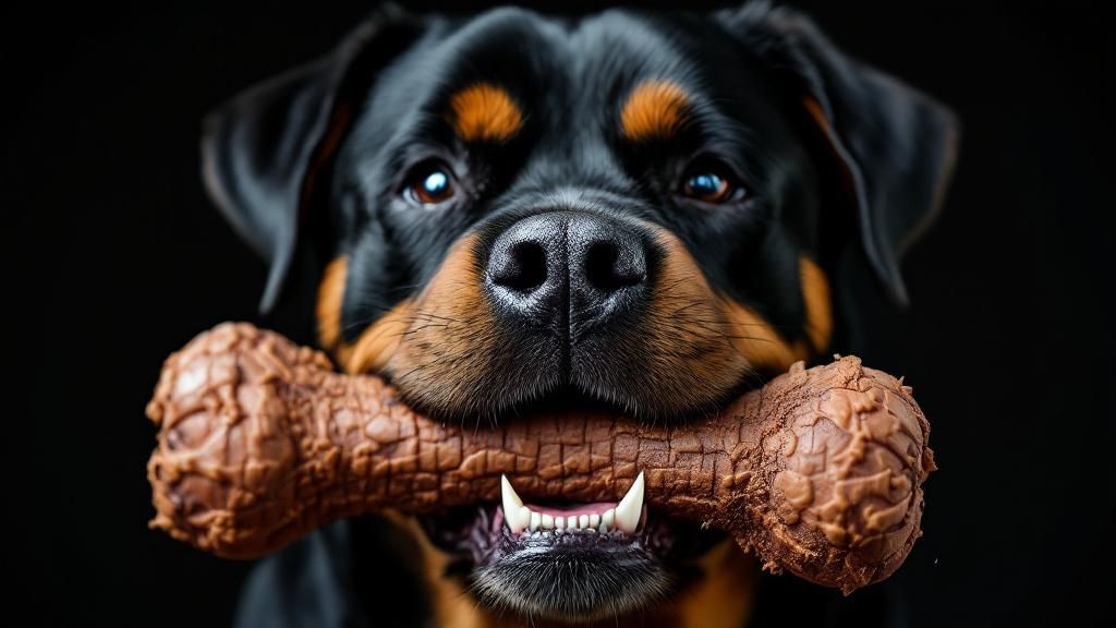 A close-up photo of a powerful Rottweiler's head and jaws, holding a large, dura