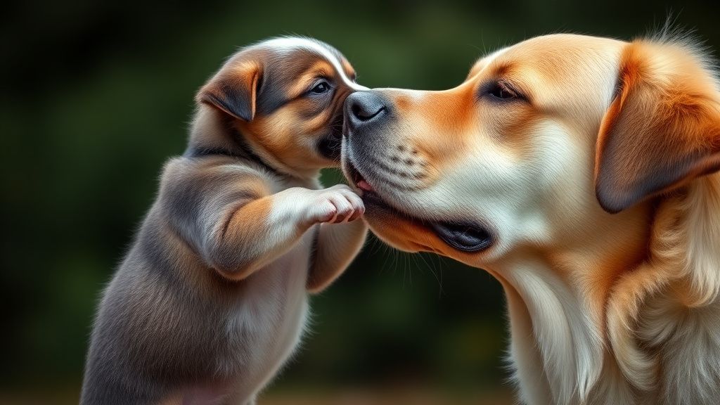 A close-up photo of a puppy jumping up to gently lick an adult dog's muzzle, ill