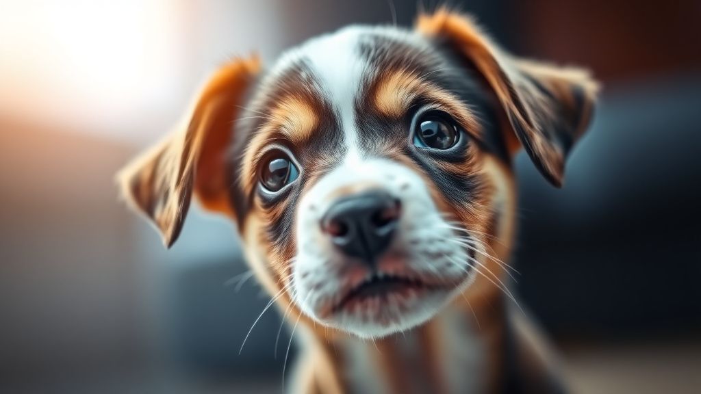 A close-up photo of a puppy's face looking curious and alert, superimposed with 