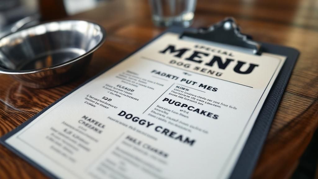 A close-up photo of a restaurant's special dog menu, featuring items like pupcak