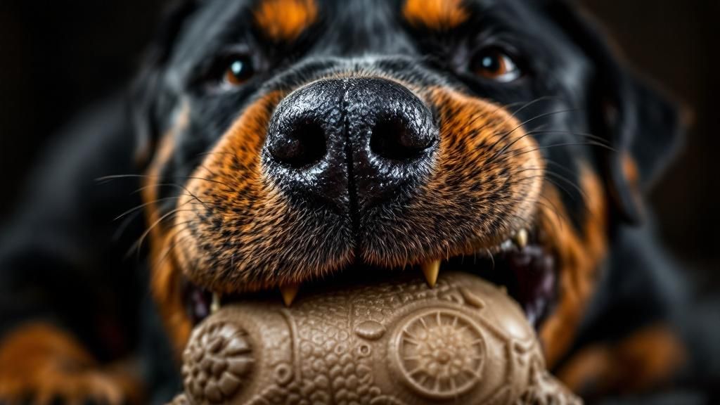 A close-up photo of a Rottweiler's powerful jaws gripping and chewing on an extr