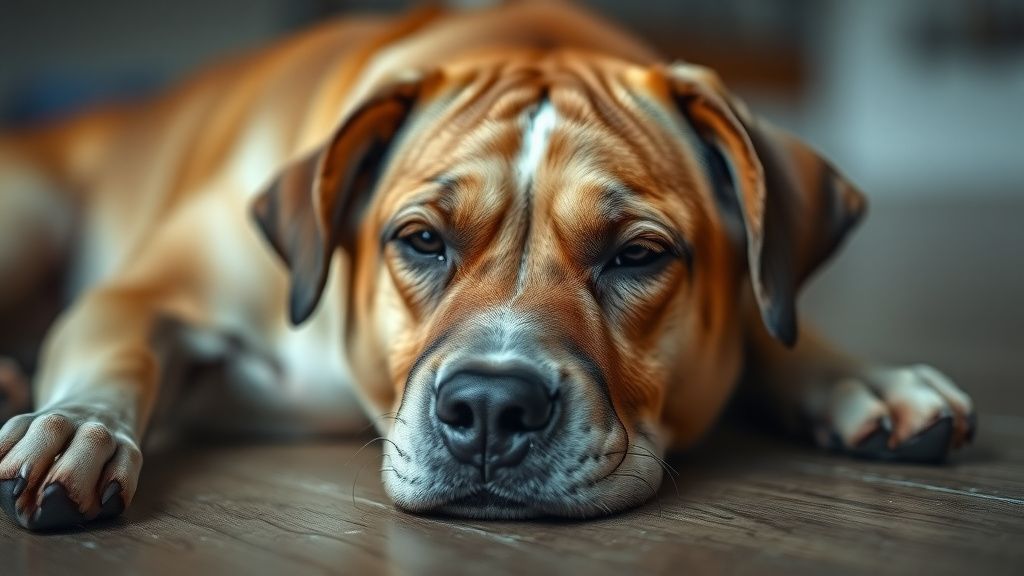 A close-up photo of a senior dog's face, looking tired and uncomfortable, with a