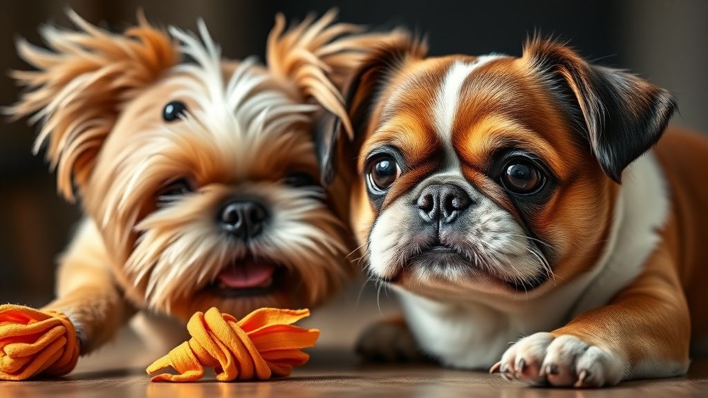A close-up photo of a Shih Tzu's face next to a toy meant for a large breed dog,