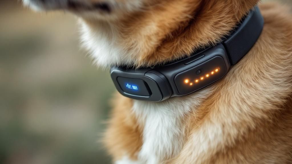 A close-up photo of a sleek, modern smart collar on a dog, with visible sensors