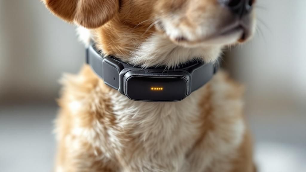A close-up photo of a sleek, modern smart collar on a dog's neck, with a subtle