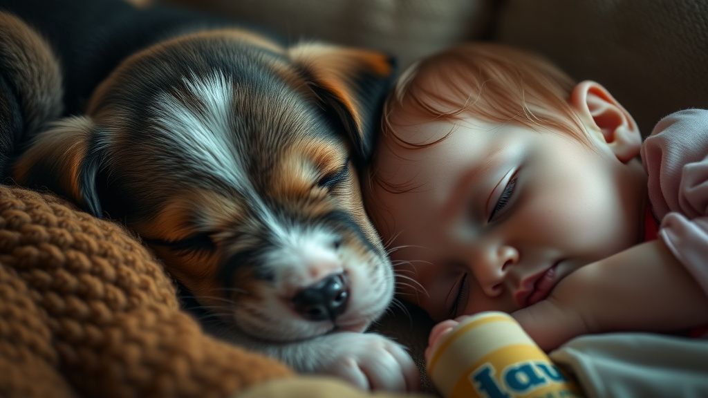 A close-up photo of a sleeping puppy curled up, with a human toddler sleeping pe