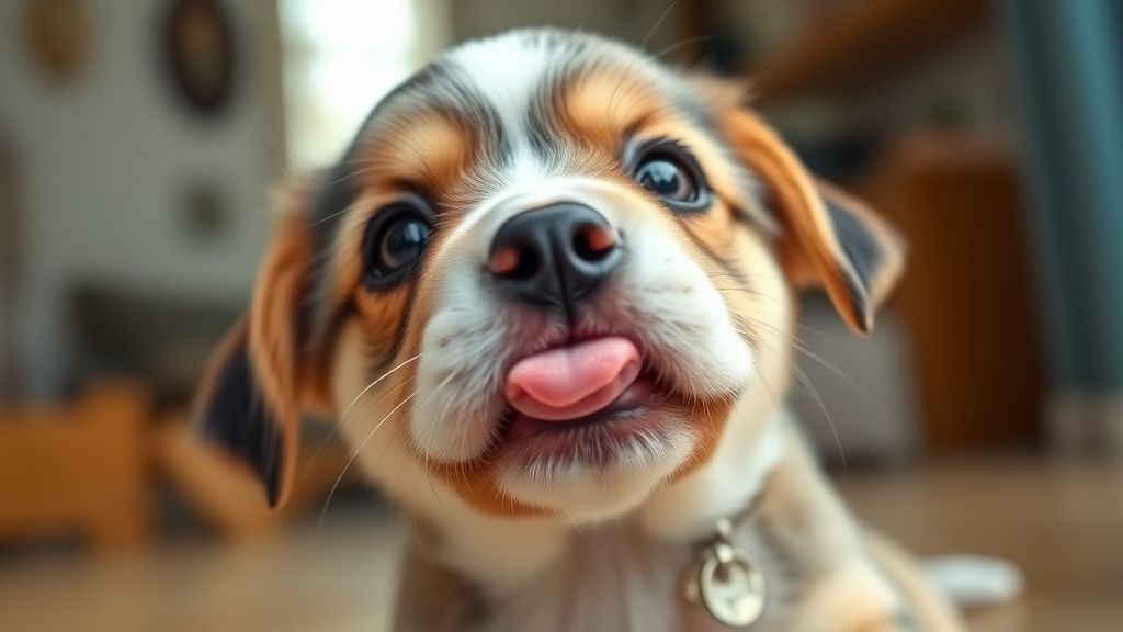 A close-up photo of a small puppy's face, looking up with curious, bright eyes, 