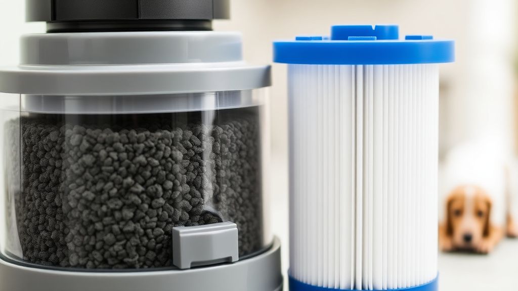 A close-up photo of a standard pet fountain carbon filter, showing its granular 