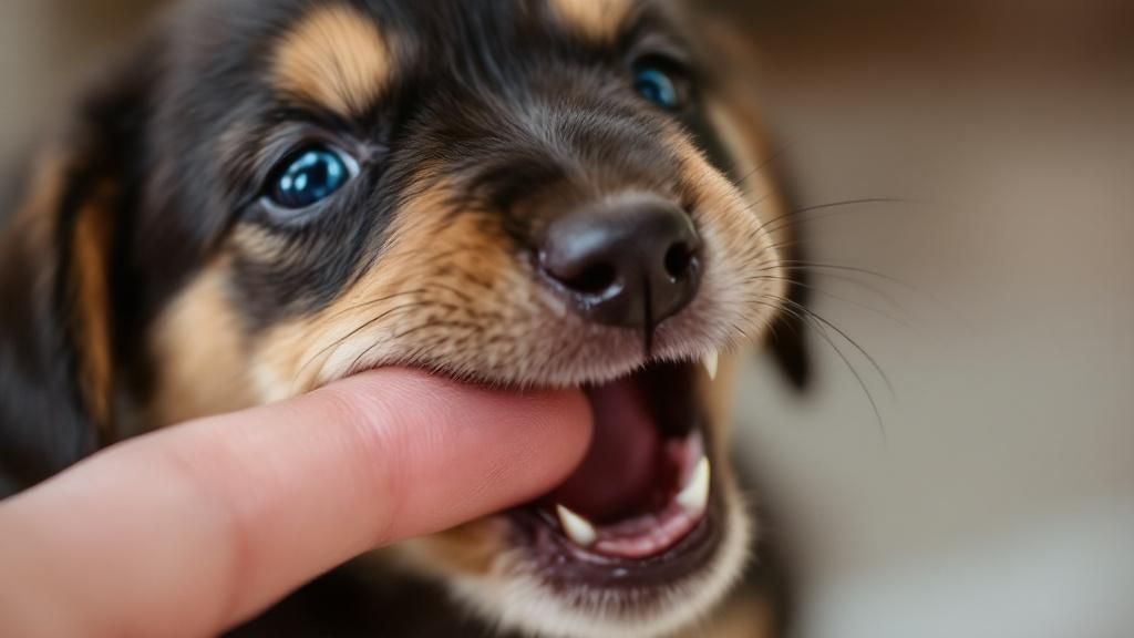 A close-up photo of a teething puppy, mouth open, gently gnawing on a person's f