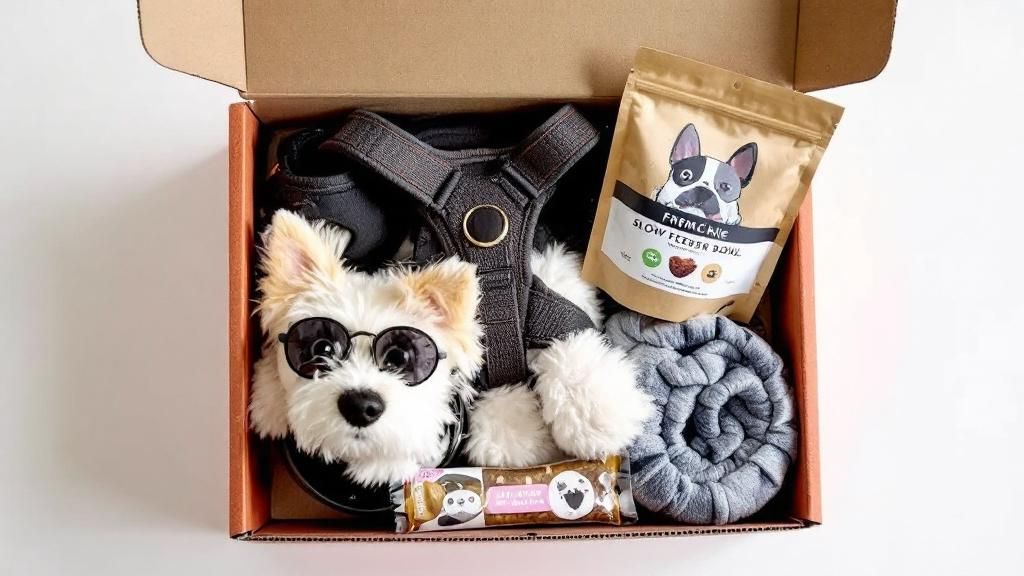 A close-up photo of a themed Frenchie Box contents laid out neatly, showing a ha