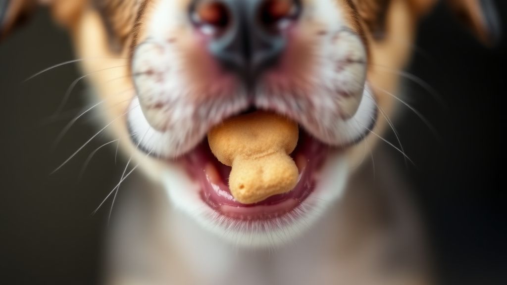 A close-up photo of a tiny puppy's mouth gently holding a single piece of small,