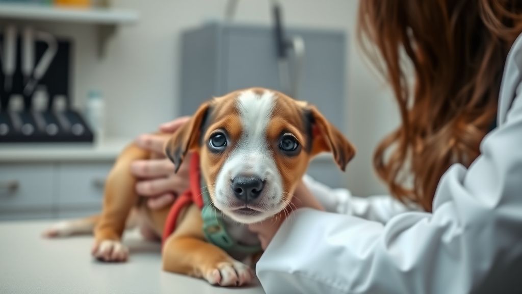 A close-up photo of a veterinarian examining a playful, curious puppy on an exam
