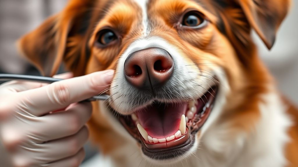 A close-up photo of a veterinarian gently examining a happy dog's bright, clean