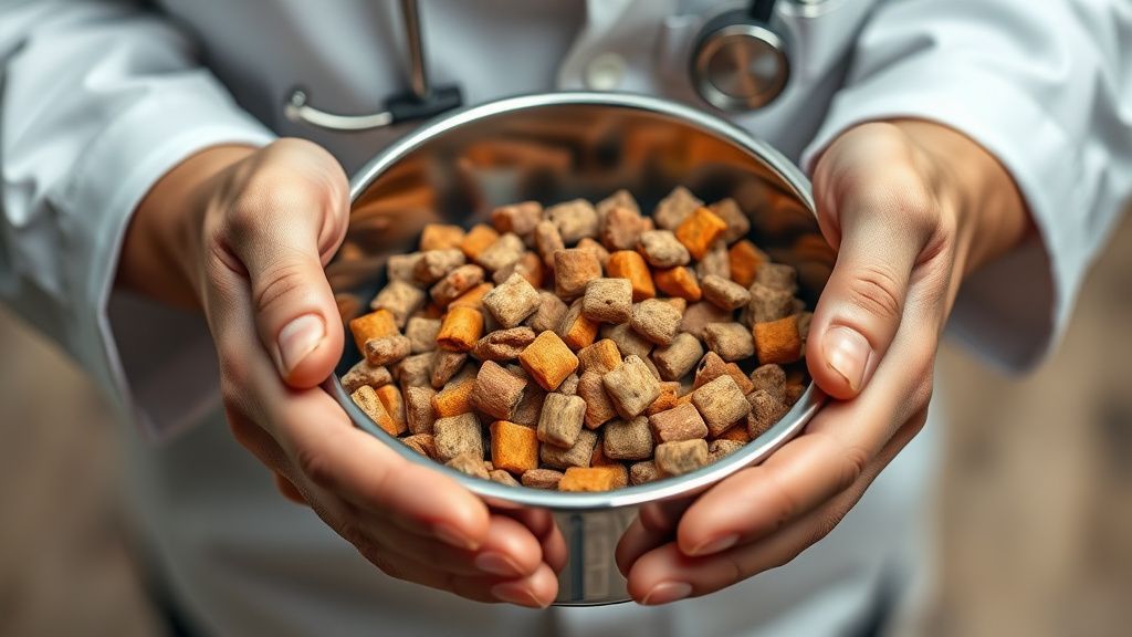 A close-up photo of a veterinarian's hands gently holding a dog's bowl, showing 