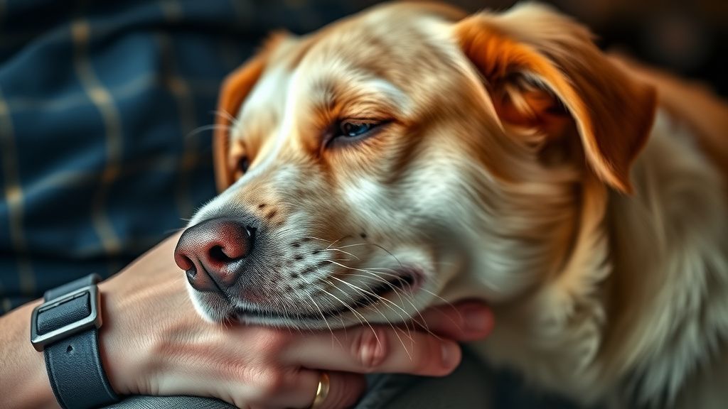A close-up photo of an elderly dog resting its head gently on its owner's hand, 