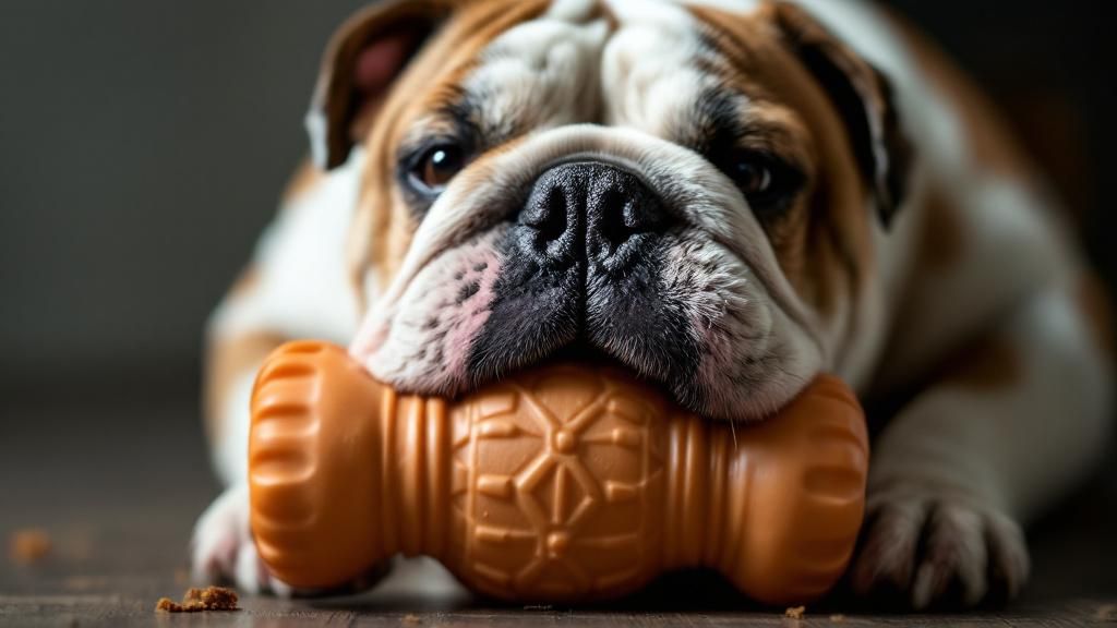A close-up photo of an English Bulldog's powerful jaws clamped firmly around a t