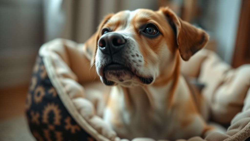 A close-up photo of an older dog looking up with a slightly stiff, hesitant expr