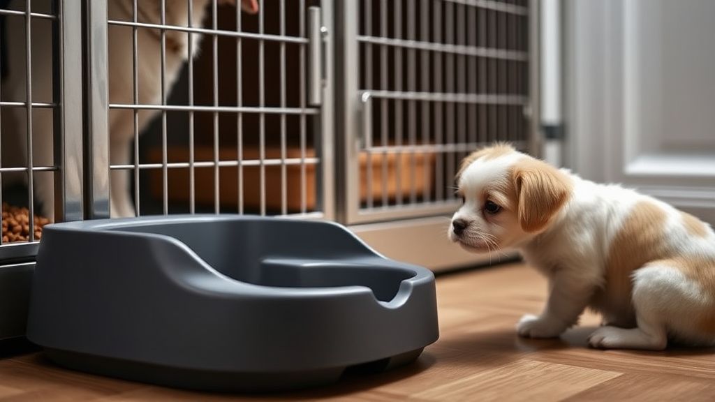 A close-up photo of the Dogness Mini feeder in a sleek color, placed next to a d