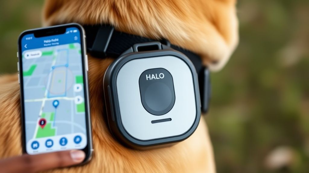 A close-up photo of the Halo Collar 4 device on a dog's neck, with a smartphone 